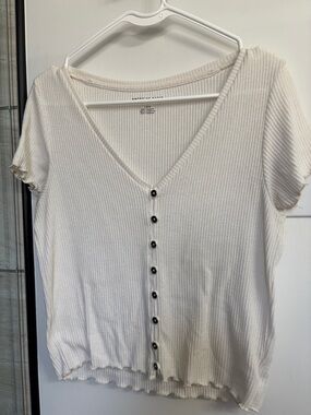 American Eagle Outfitters Cream Ribbed Button-Front V-Neck Top